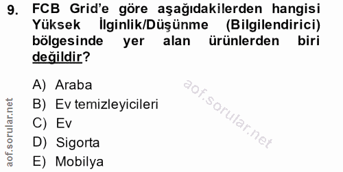 9. soru: FCB Grid'e göre aşağıdakilerden hangisi Yüksek İlginlik/Düşünme (Bilgilendirici) bölgesinde yer alan ürünlerden i bir…