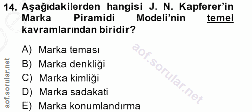 14. soru: Aşağıdakilerden hangisi J. N. Kapferer'in Marka Piramidi Modeli'nin temel kavramlarından biridir? A) Marka teması B)…