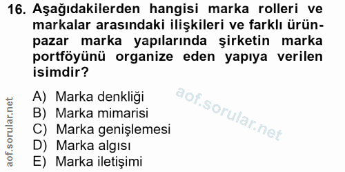 16. soru: Aşağıdakilerden hangisi marka rolleri ve markalar arasındaki ilişkileri ve farklı ürün- pazar marka yapılarında şirke…