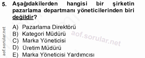 5. soru: Aşağıdakilerden hangisi bir şirketin pazarlama departmanı yöneticilerinden biri değildir? A) Pazarlama Direktörü B) K…