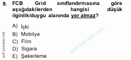 9. soru: FCB Grid sınıflandırmasına göre aşağıdakilerden hangisi düşükr ilginlik/duygu alanında yer almaz? A) İçki B) Mobilya…