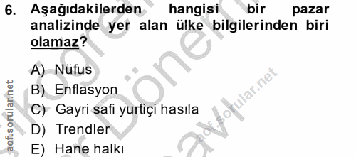 6. soru: Aşağıdakilerden hangisi bir pazar analizinde yer alan ülke bilgilerinden biri olamaz? A) Nüfus B) Enflasyon ofular.ne…