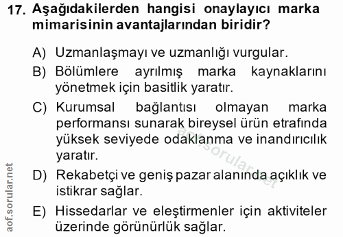 17. soru: Aşağıdakilerden hangisi onaylayıcı marka mimarisinin avantajlarından biridir? A) Uzmanlaşmayı ve uzmanlığı vurgular.…