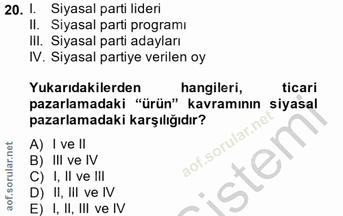 20. soru: I. Siyasal parti lideri Il. Siyasal partı programi III. Siyasal parti adayları N. Siyasal partiye verilen oy Yukarıda…