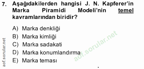 7. soru: Aşağıdakilerden hangisi J. N. Kapferer'in Marka Piramidi Modeli'nin temel kavramlarından biridir? A) Marka denkliği B…