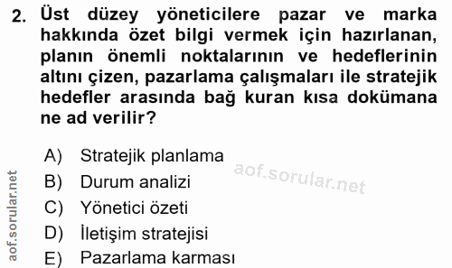 2. soru: Ust düzey yöneticilere pazar ve marka hakkında özet bilgi vermek için hazırlanan, planın önemli noktalarının ve hedef…