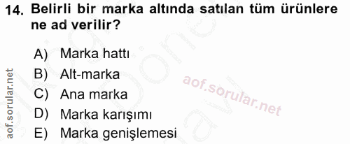 14. soru: Belirli bir marka altında satılan tüm ürünlere ne ad verilir? A) Marka hattı B) Alt-marka C) Ana marka D) Marka karış…