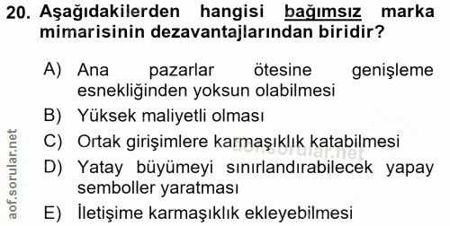 20. soru: Aşağıdakilerden hangisi bağımsız marka mimarisinin dezavantajlarından biridir? A) Ana pazarlar ötesine genişleme esne…