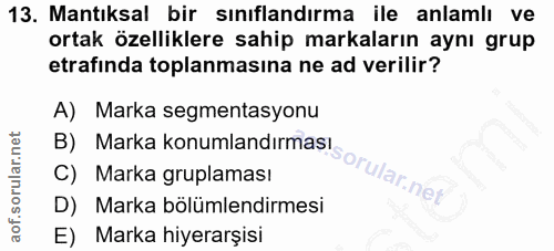 13. soru: Mantıksal bir sınıflandırma ile anlamlı ve ortak özelliklere sahip markaların aynı grup etrafinda toplanmasına ne ad…