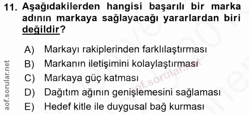 11. soru: Aşağıdakilerden hangisi başarılı bir marka adının markaya sağlayacağı yararlardan biri değildir? A) Markayı rakipleri…