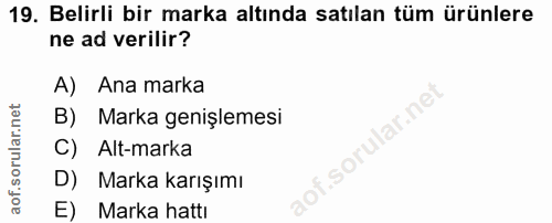 19. soru: Belirli bir marka altında satılan tüm ürünlere ne ad verilir? A) Ana marka B) Marka genişlemesi C) Alt-marka D) Marka…