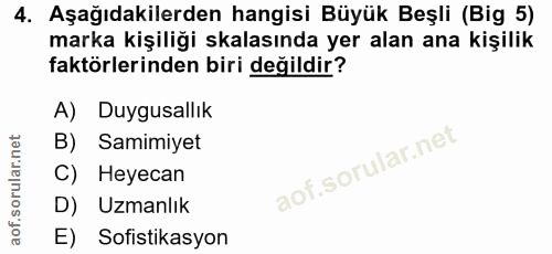 4. soru: Aşağıdakilerden hangisi Büyük Beşli (Big 5) marka kişiliği kalasında yer alan ana kişilik faktörlerinden biri değildi…