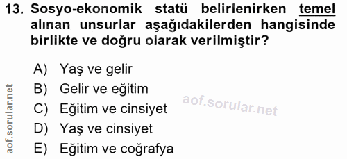 13. soru: Sosyo-ekonomik statü belirlenirken temel alınan unsurlar aşağıdakilerden hangisinde birlikte ve doğru olarak verilmiş…