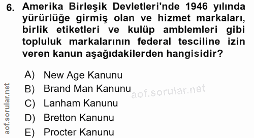 6. soru: Amerika Birleşik Devletleri'nde 1946 yılında yürürlüğe girmiş olan ve hizmet markaları, birlik etiketleri ve kulüp am…