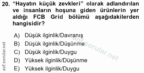 20. soru: "Hayatın küçük zevkleri" olarak adlandırılan ve insanların hoşuna giden ürünlerin yer aldığı FCB Grid bölümü aşağıdak…