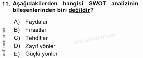 11. soru: Aşağıdakilerden hangisi SWOT analizinin bileşenlerinden biri değildir? A) Faydalar B) Fırsatlar C) Tehditler D) Zayıf…