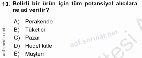 13. soru: Belirli bir ürün için tüm potansiyel alıcılara ne ad verilir? A) Perakende B) Tüketici C) Pazar D) Hedef kitle E) Muş…