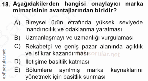 18. soru: Aşağıdakilerden hangisi onaylayıcı marka mimarisinin avantajlarından biridir? A) Bireysel ürün etrafında yüksek seviy…
