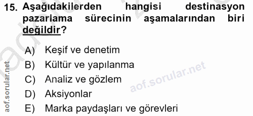 15. soru: Aşağıdakilerden hangisi destinasyon pazarlama sürecinin aşamalarından biri değildir? A) Keşif ve denetim B) Kültür ve…