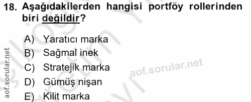 18. soru: Aşağıdakilerden hangisi portföy rollerinden biri değildir? A) Yaratıcı marka B) Sagmal inek C) Stratejik marka D) Güm…