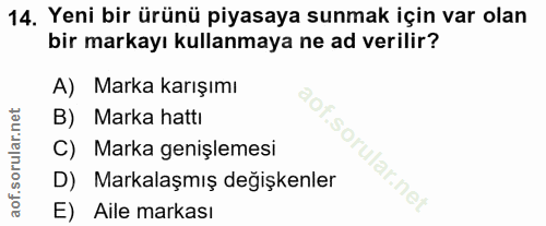 14. soru: Yeni bir ürünü piyasaya sunmak için var olan bir markayı kullanmaya ne ad verilir? A) Marka karışımı B) Marka hattı C…