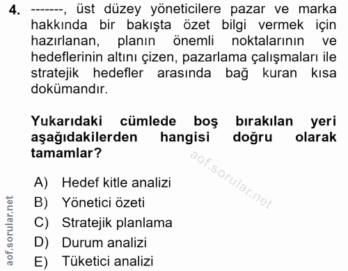 4. soru: ----, üst düzey yöneticilere pazar ve marka hakkında bir bakışta özet bilgi vermek için hazırlanan, planın önemli nok…