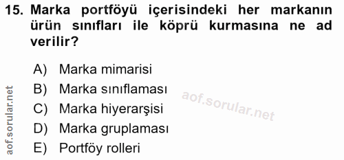 15. soru: Marka portföyü içerisindeki her markanın ürün sınıfları ile köprü kurmasına ne ad verilir? A) Marka mimarisi B) Marka…