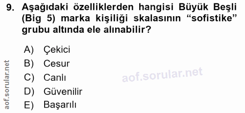 9. soru: Aşağıdaki özelliklerden hangisi Büyük Beşli (Big 5) marka kişiliği kalasının "sofistike" grubu altinda ele alınabilir…