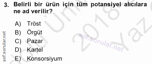 3. soru: Belirli bir ürün için tüm potansiyel alıcılara ne ad verilir? A) Tröst B) Örgüt C) Pazar D) Kartel E) Konsorsiyum