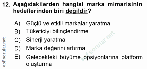 12. soru: Aşağıdakilerden hangisi marka mimarisinin hedeflerinden biri değildir? A) Güçlü ve etkili markalar yaratma B) Tüketic…
