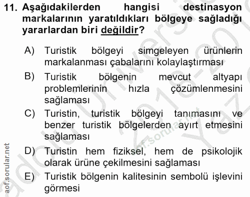 11. soru: Aşağıdakilerden hangisi destinasyon markalarının yaratıldıkları bölgeye sağladığı yararlardan biri değildir? A) Turis…