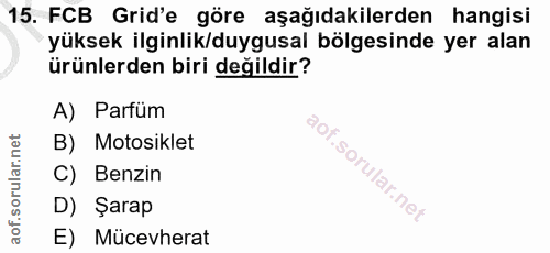 15. soru: FCB Grid'e göre aşağıdakilerden hangisi yüksek ilginlik/duygusal bölgesinde yer alan ürünlerden biri değildir? A) Par…