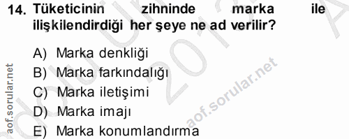 14. soru: Tüketicinin zihninde marka ile ilişkilendirdiği her şeye ne ad verilir? A) Marka denkliği B) Marka farkındalığı lof.…