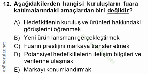 12. soru: Aşağıdakilerden hangisi kuruluşların fuara katılmalarındaki amaçlardan biri değildir? A) Hedefkitlenin kuruluş ve ürü…