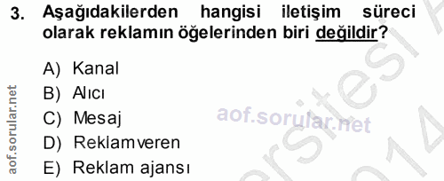 3. soru: Aşağıdakilerden hangisi iletişim süreci olarak reklamın öğelerinden biri değildir? A) Kanal B) Alicı C) Mesaj D) Rekl…