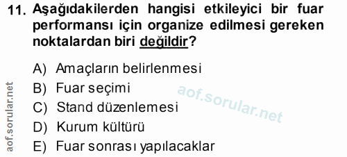 11. soru: Aşağıdakilerden hangisi etkileyici bir fuar performansı için organize edilmesi gereken noktalardan biri değildir? A)…