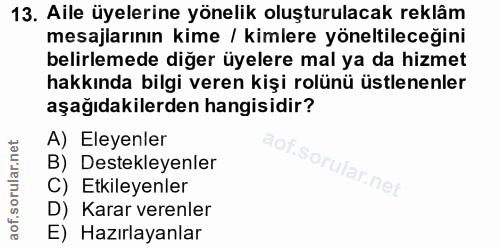 13. soru: Aile üyelerine yönelik oluşturulacak reklâm mesajlarının kime / kimlere yöneltileceğini belirlemede diğer üyelere mal…
