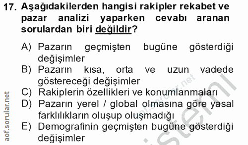 17. soru: Aşağıdakilerden hangisi rakipler rekabet ve pazar analizi yaparken cevabı aranan sorulardan biri değildir? A) Pazarın…