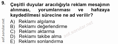 9. soru: Çeşitli duyular aracılığıyla reklam mesajının alınması, yorumlanması ve hafızaya kaydedilmesi sürecine ne ad verilir?…