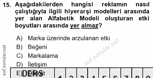 15. soru: Aşağıdakilerden hangisi reklamın nasıl çalıştığıyla ilgili hiyerarşi modelleri arasında yer alan Alfabetik Modeli olu…