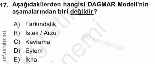 17. soru: Aşağıdakilerden hangisi DAGMAR Modeli'nin aşamalarından biri değildir? A) Farkındalık B) Istek / Arzu C) Kavrama (of.…