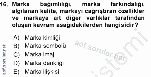 16. soru: Marka bağımlılığı, marka farkındalığı, algılanan kalite, markayı çağrıştıran özellikler ve markaya ait diğer varlıkla…