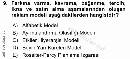 9. soru: Farkına varma, kavrama, beğenme, tercih, ikna ve satın alma aşamalarından oluşan reklam modeli aşağıdakilerden hangis…