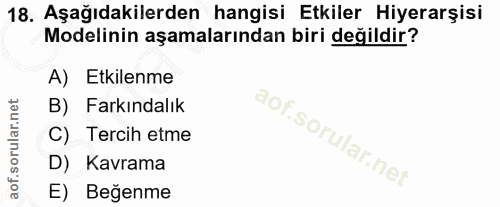 18. soru: Aşağıdakilerden hangisi Etkiler Hiyerarşisi Modelinin aşamalarından biri değildir? A) Etkilenme B) Farkındalık C) Ter…