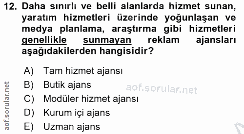 12. soru: Daha sınırlı ve belli alanlarda hizmet sunan, yaratım hizmetleri üzerinde yoğunlaşan ve medya planlama, araştırma gib…