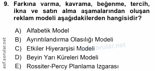9. soru: Farkına varma, kavrama, beğenme, tercih, ikna ve satın alma aşamalarından oluşan reklam modeli aşağıdakilerden hangis…