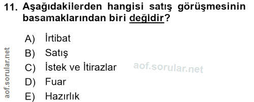 11. soru: Aşağıdakilerden hangisi satış görüşmesinin basamaklarından biri değldir? A) Irtibat B) Satış C) İstek ve itirazlar D)…