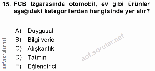 15. soru: FCB Izgarasında otomobil, ev gibi ürünler aşağıdaki kategorilerden hangisinde yer alır? A) Duygusal B) Bilgi verici C…