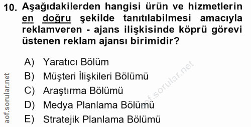 10. soru: Aşağıdakilerden hangisi ürün ve hizmetlerin en doğru şekilde tanıtılabilmesi amacıyla reklamveren - ajans ilişkisinde…