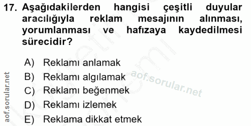 17. soru: Aşağıdakilerden hangisi çeşitli duyular aracılığıyla reklam mesajinın alınması, yorumlanması ve hafızaya kaydedilmesi…